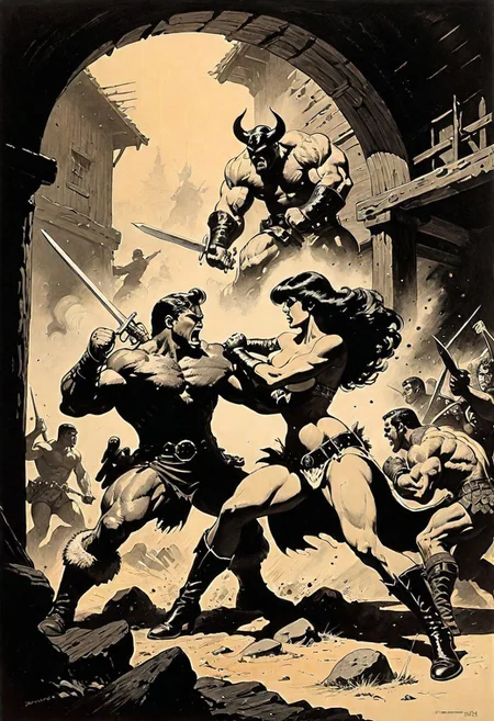 highly detailed ink drawing in the style of Frank Frazetta. 2 people fighting, A formidable muscular woman beating up a soldier, in a rowdy tavern.