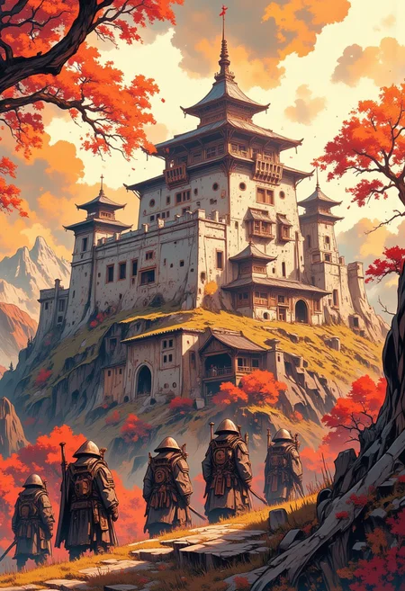 Japanese medieval castle on a hill with Japanese medieval soldiers and samurai in armour standing in formation in front of it, rolling hills and woodland, autumn, sunset. Impressionistic anime-style scene, Mixed art style, loose, painterly impressionist brushstrokes for depth and atmosphere, anime-style character details, ligne claire outlines for clarity and structure, In the style of ff-td, sm41l33 comic.