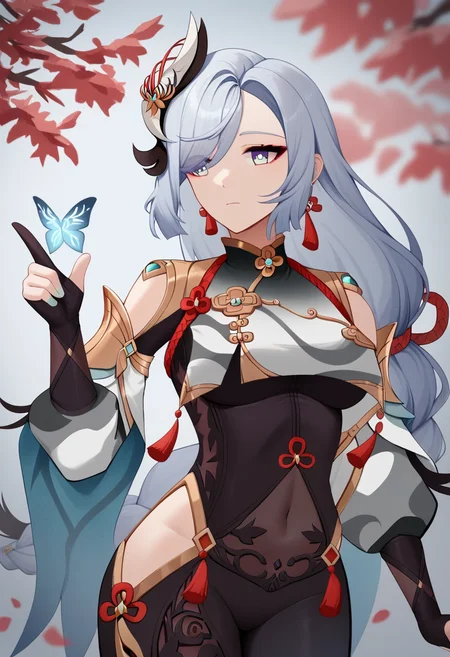 score_9,score_8_up,score_7_up,<lora:shenhe:1>,1girl,absurdres,bare_shoulders,black_bodysuit,black_gloves,blue_butterfly,blue_eyes,breast_curtain,calamity_queller_\(genshin_impact\),closed_mouth,covered_navel,expressionless,eyelashes,eyes_visible_through_hair,floating_hair,gold_trim,hair_between_eyes,hair_ornament,hair_over_one_eye,hand_up,highres,hip_vent,kuji-in,looking_to_the_side,low-braided_long_hair,low-tied_long_hair,shenhe_\(genshin_impact\),sidelocks,single_braid,single_earring,solo,swept_bangs,tassel_earrings,thighs,very_long_hair,white_hair,