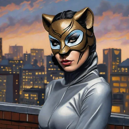 photorealistic oil painting photo of catwoman wearing a <lora:nala-SDLX-flexible:1.0> nala mask on a rooftop