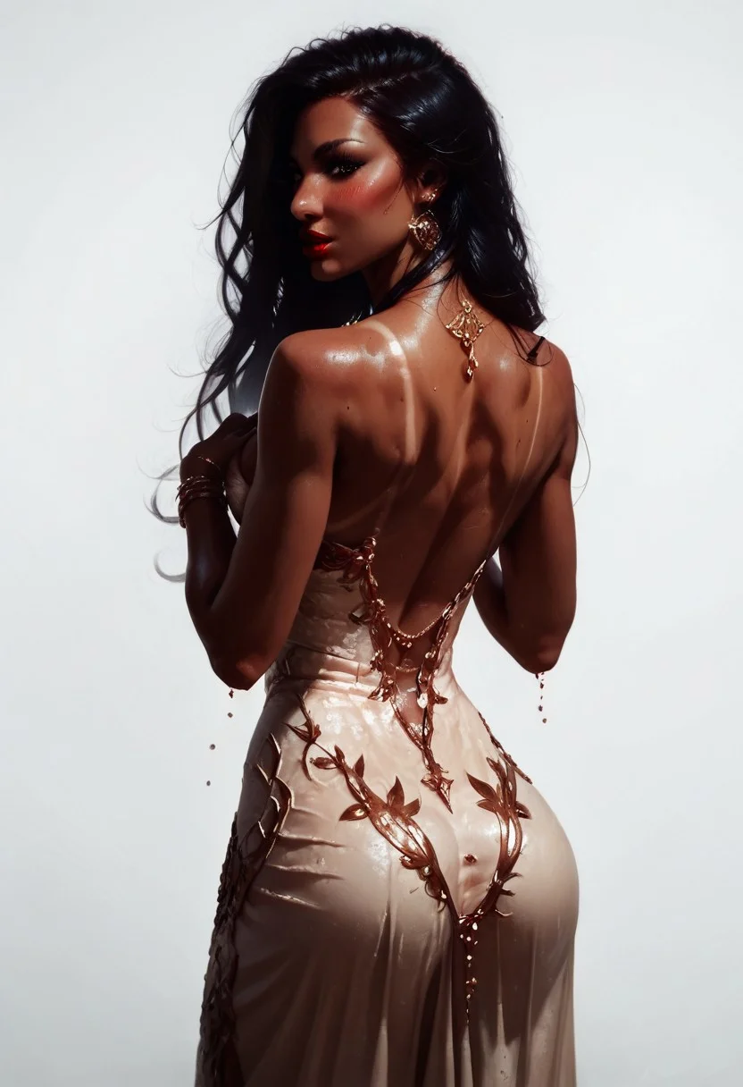 score_9, score_8_up, score_7_up, 1girl, solo, human, 21 years old, (indonesian:1), (black hair:1), (red lips:1), (brown eyes:1), messy long hair, fair skin tone, narrow shoulder, voluptuous breasts, firm breasts, alluring neckline, deep cleavage, soft body,
horny expression, natural make up, tan lines, blushing, kebaya dress, squeezing own breasts, 
close up, zoomed in, looking at viewer, ass view, back view, 
trichromatic color composition, hyperdetailed, simple background,
rating_explicit, Expressiveh, perfecteyes, concept art, realistic, Kebaya,