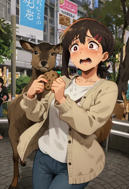 <lora:Khyle. v3:0.8>, adult deer, girl giving deer a cookie, bench, outdoors Hachikoumae, shibuya city, morning, deer,
Higashiyama_Kobeni, tearing up, scared, sad mouth, white tank top, cardigan, open cardigan, jeans,
masterpiece, best quality,