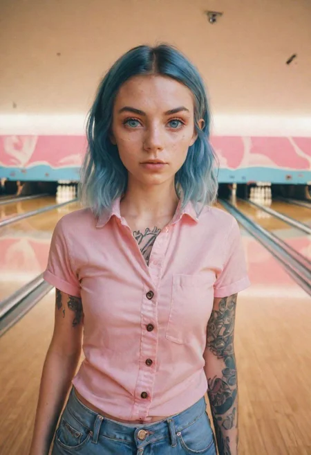 Ultrarealistic photo of Beautiful woman, Bowling, open Bowling shirt, unusual camera angle, shiny oiled skin, hippie style, chest tattoos, low rise, low contrast style, 8mm film, analog photography style, age 25, skinny, pink to blue faided hair, hair roots slightly faded, spanish, skinny, influencer, light freckles, light blue eyes, sexy makeup, instagram, detailed skin texture, detailed eyes, detailed face, small waist, small breasts, detailed hard nipples, gluteal crease, braless, polaroid photo, polaroid film photography, braless