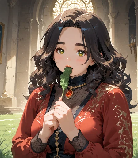 PonyScores7, source_anime, ah1, IllustriousQual, <lora:natsumi_style:0.5>, <lora:by_usakun-pony:0.4>, by usakun, <lora:Akina_Bbw_Style_-_PonyXL:0.2>, AkinBw,
BREAK (vintage Glam fashion style, merging retro elegance with modern flair, features classic silhouettes, luxurious fabrics, and statement jewelry, embodying timeless sophistication),
BREAK 1girl, mature female, (round face), (thick eyebrows), (curvy), round-chin, caucasian, (plump face), <lora:Round_face:0.2>, <lora:ETO_OC_Illustrius:0.5>, eto_oc, skindentation, (plump), thick thighs, wide hips, busty, voluptuous, lips, <lora:venus body PonyXL:0.3>, <lora:shinyskin2:0.2>, glistening skin,
BREAK  (curly hair), long hair, (black hair), (parted hair), messy hair, kinky curls, <lora:hairdetailpxl:0.2>, hairdetailpxl,
BREAK (half green and brown eyes), (colorful eyes), (multicolored eyes), (downturned eyes:1.4), <lora:expressive eyes:0.2>, expressive eyes, <lora:eyedetailpxl:0.2>, eyedetailpxl, <lora:Eyes_High_Definition:0.2>, EyesHD,
BREAK ((Hushed, A quiet subdued face as if holding back words or emotions)), <lora:Expressive_H:0.2>, Expressiveh, <lora:Emotional_Anime_Expressions_PonyXL_Concept:0.2>, emotional, <lora:Best_Facial_Expression_LoRA_PONY:0.2>, looking at viewer, <lora:Detailed expressive EXEV style -XL Pony V1.0:0.2>, FaceDetail,
BREAK ((eating Spinach)),
BREAK Black and burgundy balayage a daring outfit with a tight mesh dress layered over a fitted bodysuit, paired with fishnet tights pantyhose and high-heeled ankle boots, The look is edgy and provocative, perfect for a club,
BREAK (((taking a painting class, they create art and admire each other's work))),
BREAK <lora:xl_more_art-full_v1:0.2>, <lora:aesthetic_anime_v1s:0.2>, <lora:EpicF4nta5yXL:0.2>, <lora:detailxl:0.2>, detailxl, <lora:Fant5yP0ny:0.2>, best quality, amazing quality, best aesthetic, absurdres, illustration, Volumetric_Lighting, ultra-detailed, very aesthetic, intricate details, 8k, masterpiece, best_quality
BREAK Stable_Yogis_PDXL_Positives, AS-Adult, <lora:Complicated fantasy portrait - XL Pony V2.0:0.2>, bad-hands-5, <lora:HDA_Detailer:0.3>, HDA_FatGirlXL,