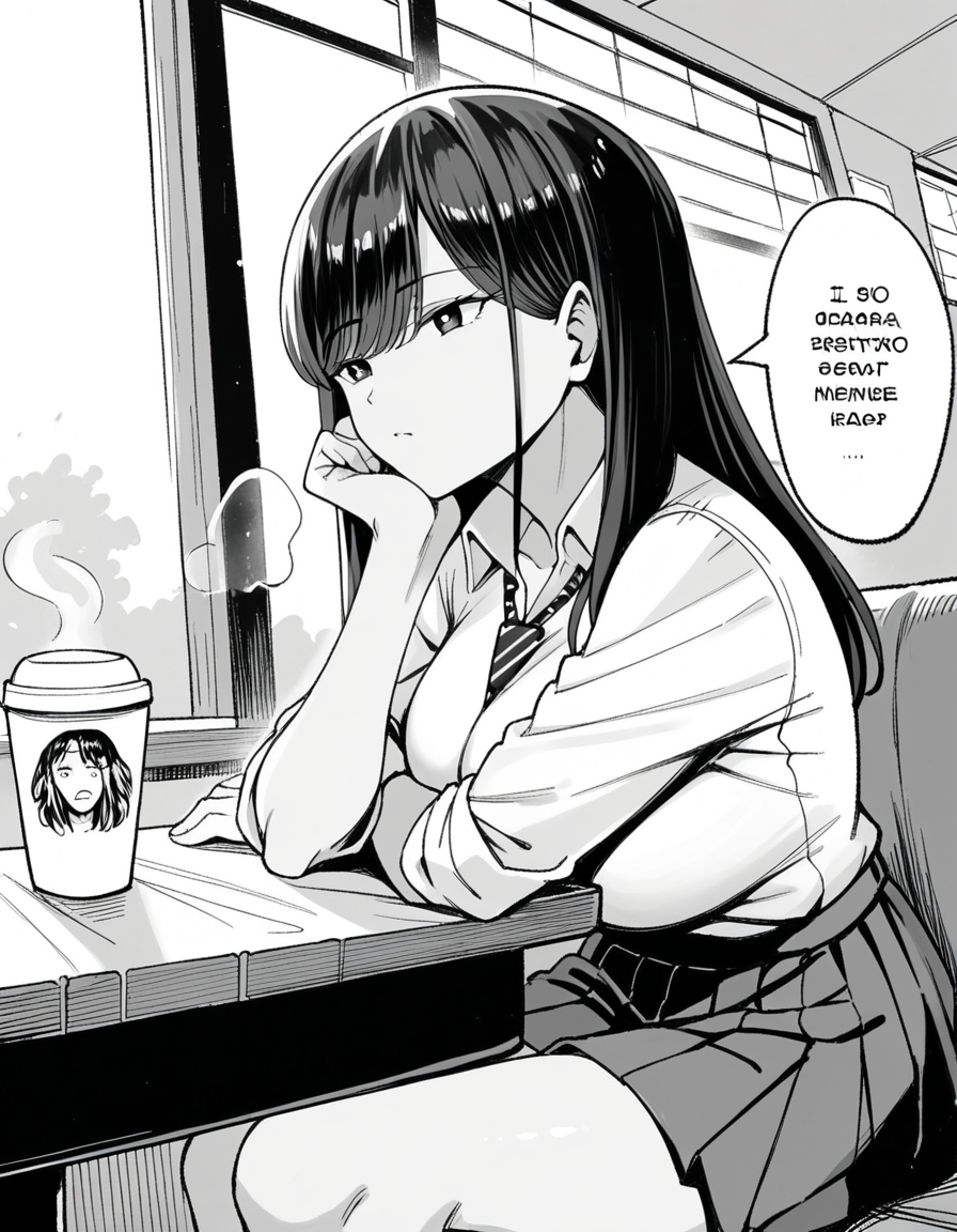 score_9, score_8_up, score_7_up, source_anime, <lora:manno-kuroda-manga-ponyxl-lora-nochekaiser:1>, kuroda, greyscale, monochrome, large breasts, long hair, bangs, school uniform, skirt, necktie, pleated skirt, rolled-up sleeves, shirt, collared shirt,, cafe, coffee cup, barista, sitting down, talking, relaxing, sunlight through window, , , sitting, elbow rest, table,, solo,, cowboy shot, dutch angle