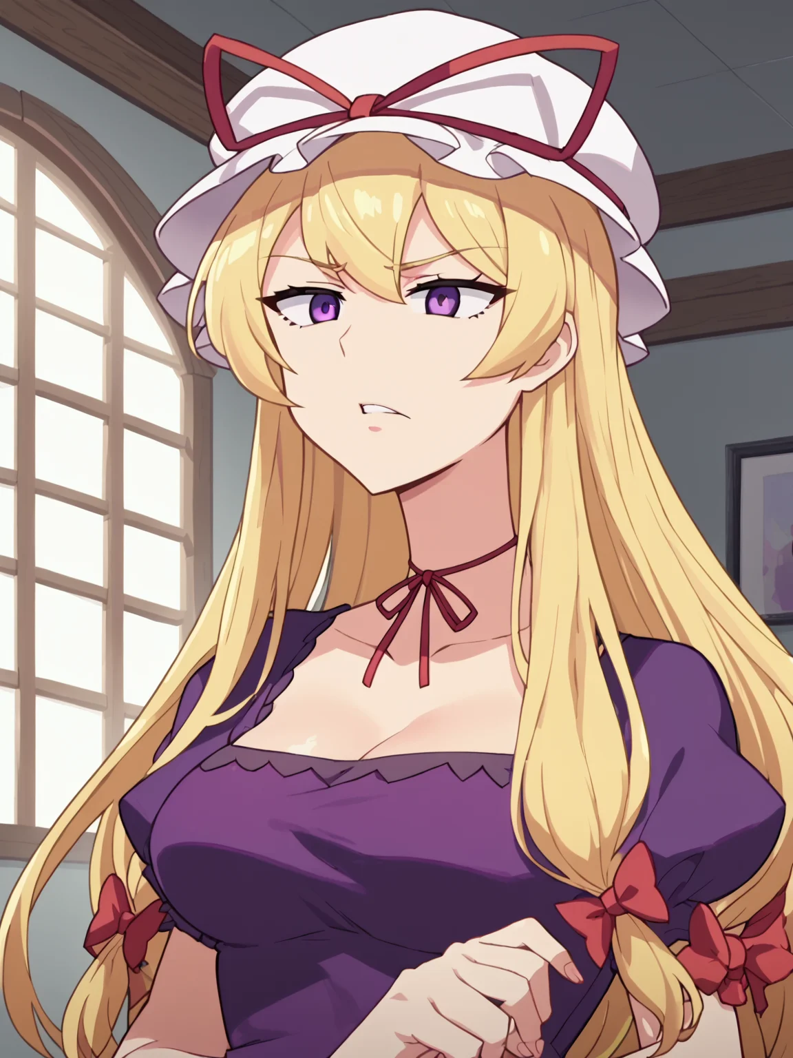 hard shadows, anime screencap, anime_core, score_9, score_8_up, score_7_up, anime screencap, 1girl, <lora:YakumoYukariV4:1> THYukari, mob cap, long blonde hair, hair ribbon, ribbon choker, purple dress, <lora:Fizintine_Art_Style_Pony_DIffusion:1> by fizintine