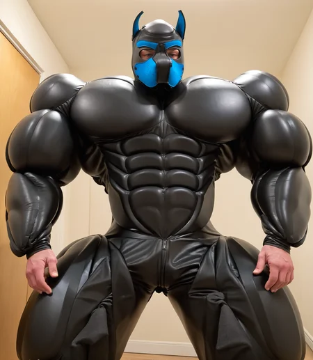 male,solo,
<lora:Hyper_Musclesuit_SDXL:0.8>,musclesuit,hypermusclesuit,hyper muscles,abs,obliques,muscular thighs,black bodysuit,
pecs,pectorals,huge pecs,hyper pecs,
pup mask,pupmask,
bulge,
low angle,low-angle view