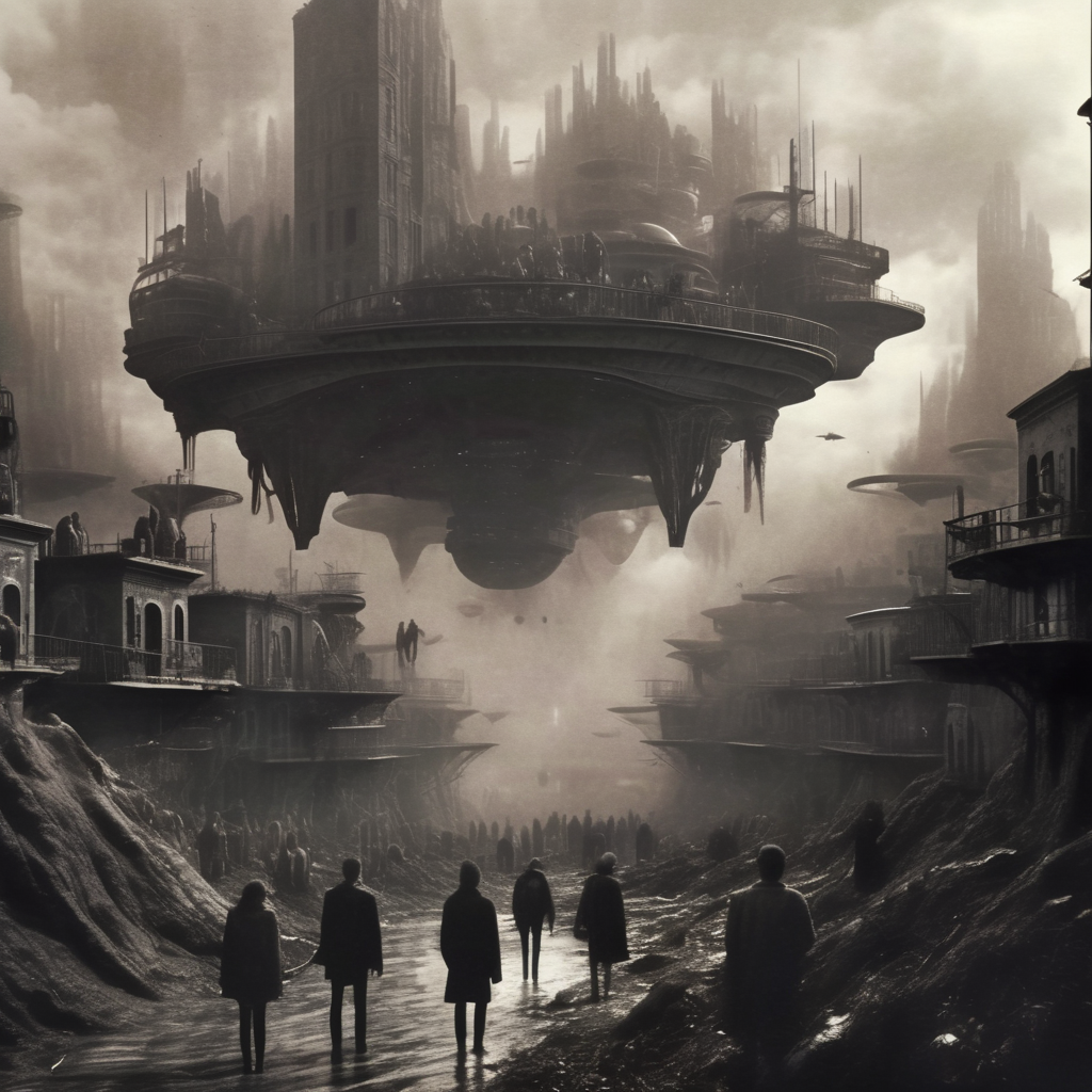 eldoria dark surreal alien city in forest, groups of people, dark atmosphere, very realistic detail, cinematic<lora:eldoria:1>