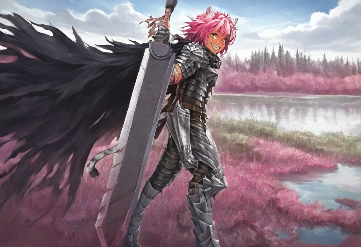 masterpiece, very aesthetic, anime screenshot, 1girl, Pink_PonyXL, DragonSlayerSword-Il.V1.0, white tiger striped armor, white tiger striped shoulder armor, gauntlets, greaves, bandaged arm, white tiger striped cape, torn cape, bright pink hair, cat ears, scar on nose, cat bell around neck, tanned, white tiger tail, small breasts, femine body, smiling, making a cute cat face, single fanged tooth showing, standing, looking at viewer, side view, wielding-dragonslayer, huge weapon, sword, holding sword, holding weapon, full body, zoomed in on pink_ponyxl, Dutch angle, cowboy shot 
Break
Hyilian lake, bright and sunny,