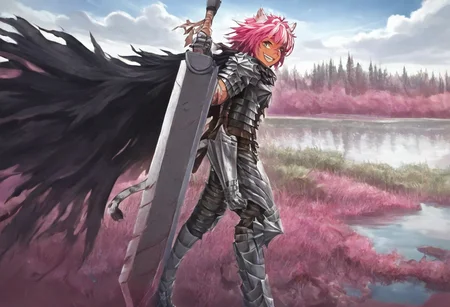 masterpiece, very aesthetic, anime screenshot, 1girl, Pink_PonyXL, DragonSlayerSword-Il.V1.0, white tiger striped armor, white tiger striped shoulder armor, gauntlets, greaves, bandaged arm, white tiger striped cape, torn cape, bright pink hair, cat ears, scar on nose, cat bell around neck, tanned, white tiger tail, small breasts, femine body, smiling, making a cute cat face, single fanged tooth showing, standing, looking at viewer, side view, wielding-dragonslayer, huge weapon, sword, holding sword, holding weapon, full body, zoomed in on pink_ponyxl, Dutch angle, cowboy shot
Break
Hyilian lake, bright and sunny,