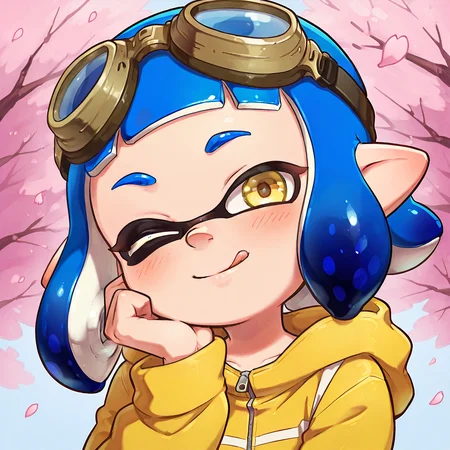 (masterpiece, highres, high quality, best quality:1.2),
1girl, solo, female focus, looking at viewer, portrait, one eye closed, :q, 
suckiwoomy, inkling, blue hair, short hair, yellow eyes, 
goggles on head, yellow jacket, 
cherry blossoms, 