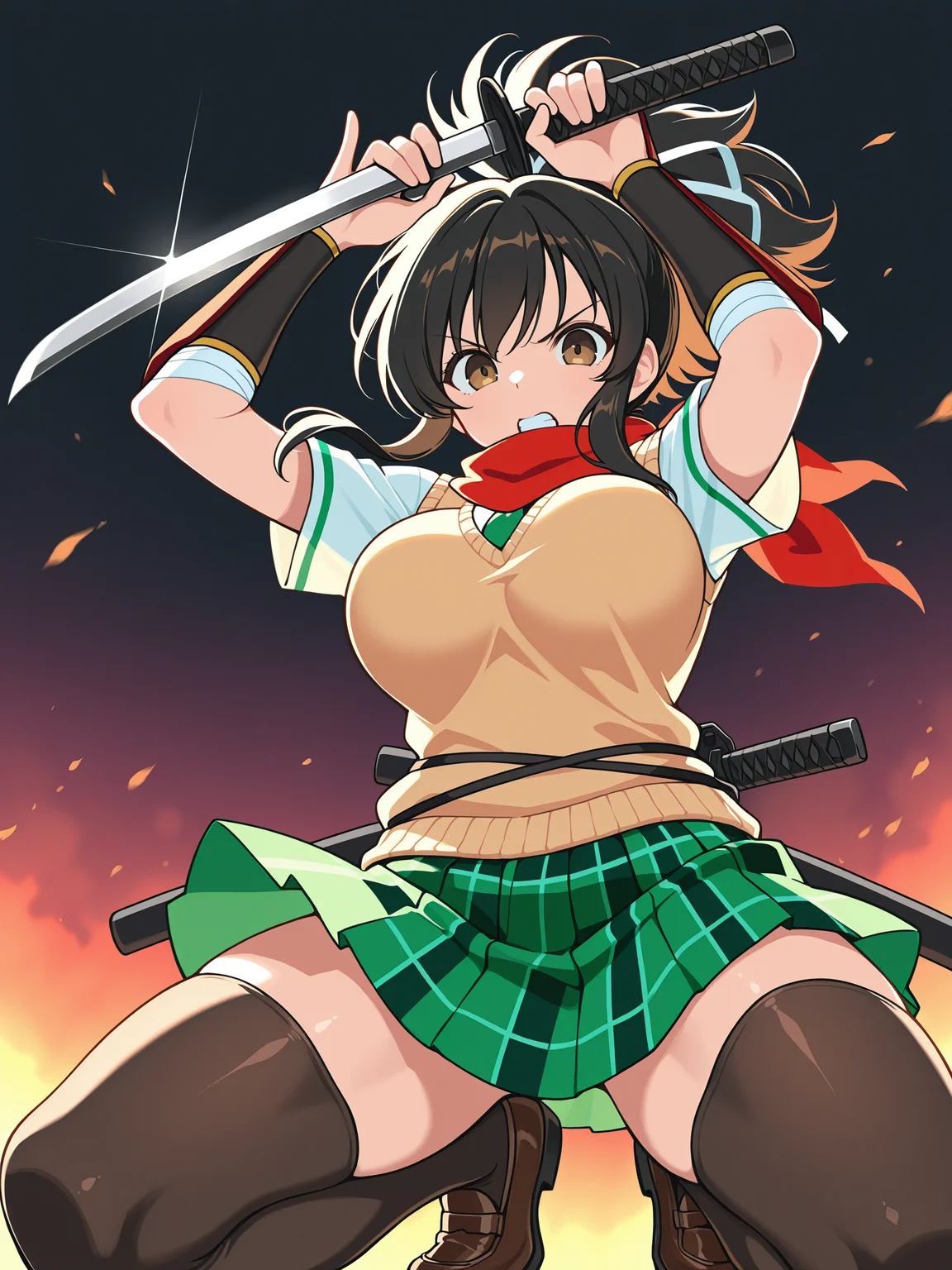 masterpiece, best quality, amazing quality, by [diyokama|say hana|lam]
(solo:1.4), Asuka_IL, brown eyes, black hair, ponytail, white hair ribbon, large breasts, red scarf, asuka_shinobi_outfit, beige sweater vest, green necktie under sweater, white shirt with short sleeves, green stripe piping, brown crossed straps, forearm guards, bandages under forearm guards, green plaid skirt, black stockings, brown loafers
asuka_weapon, wakizashi, looking at viewer, snarl, angry, fighting, flowing hair, flying hair, from below, crouched, holding wakizashi, sword raised sword pose, rainbow wakizashi, back lighting, dark, multicolored background, blurred background, bright, multicolored, bright colors of paint, lots of multicolored rainbow light, focus on the face, lots of soft light, soft colors
<lora:SK_Asuka_IL:0.8>
