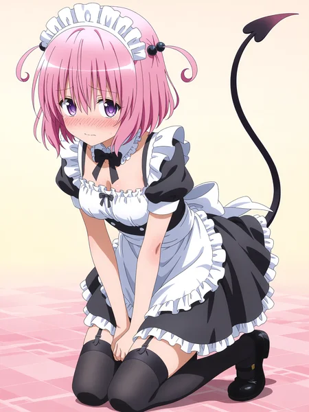<lora:momo velia deviluke:1>,momo,tail,maid,shy,full body,