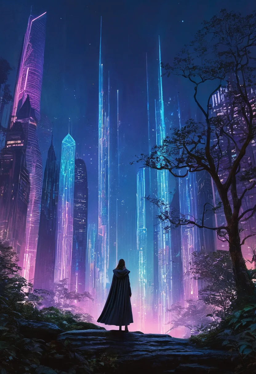 professional, (4k photo:1.1) , (Sharp focus:1.3), high detail, (extremely thin, slender, slim, long legs),
<lora:spotlight:1> dark theme, silhouette, magical lighting, fantasy,
(In the depths of an ancient enchanted forest shrouded in perpetual twilight, where trees stretch skyward, entwined with glowing vines and whispering leaves, a woman clad in a cloak of iridescent feathers weaves spells of protection and harmony, her chants blending with the melody of a hidden waterfall.,Futuristic cityscape at twilight, skyscrapers gleaming with neon lights, hover cars zoom past, a detective in a trench coat overlooks the city from a high rooftop, giant digital billboards flicker, camera angle from behind, emphasizing a vast, techno-urban panorama, vibrant, electric atmosphere.:1.2)
<lora:greg_rutkowski_xl_2:0.8> greg rutkowski, , (expressionism, impressionism, broad brush strokes:1.4)