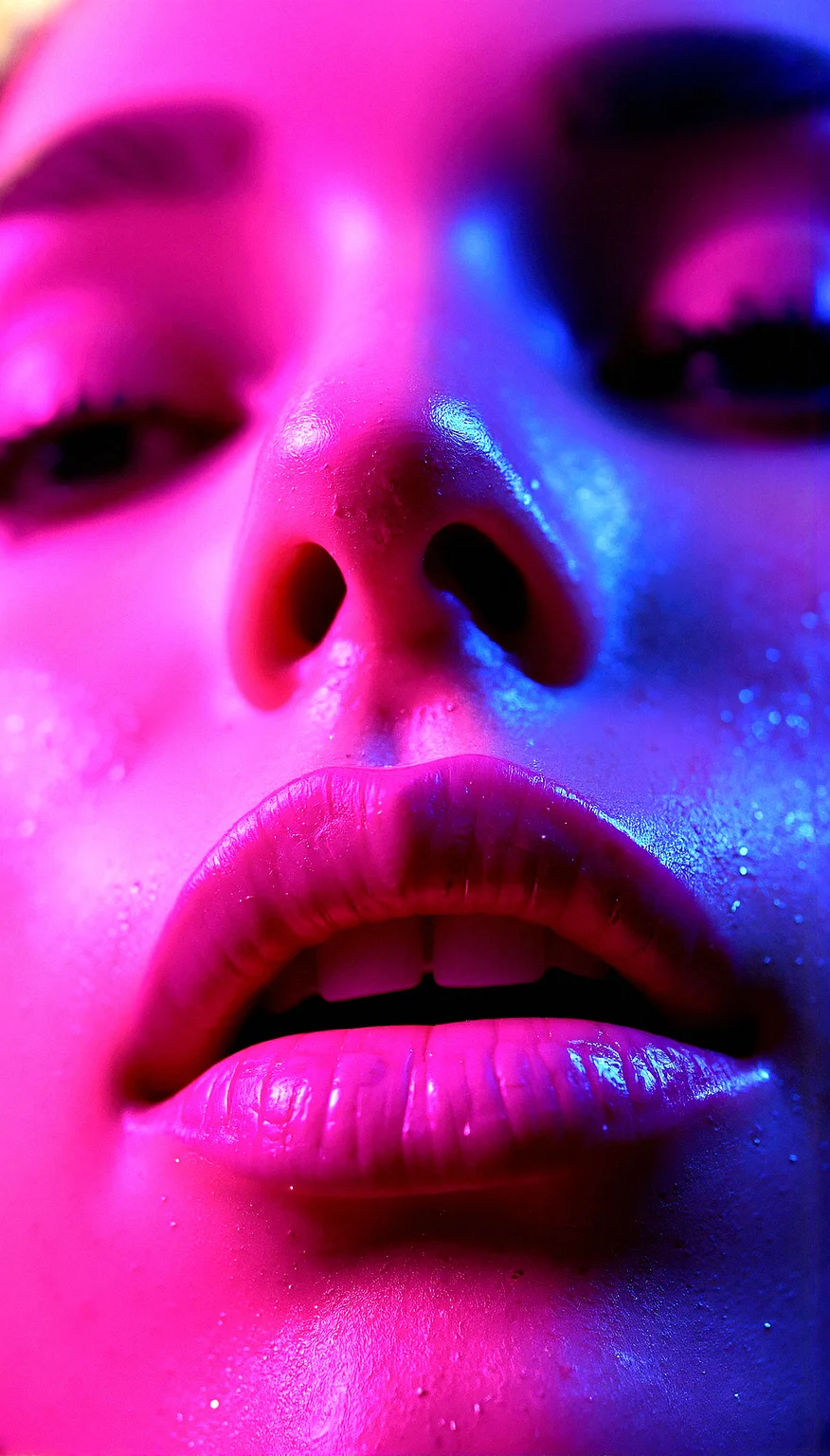 Neon-lit close-up, A hyper-realistic close-up of a woman’s glossy lips and face, bathed in neon pink and purple light with glittering particles on her skin.

