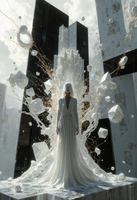 In a realm where form and abstraction dance in a delicate embrace, a woman's ethereal silhouette emerges from a mesmerizing interplay of translucent geometric shapes, crafted from contrasting materials of piano black and luminous white porcelain. The woman stands at the center of the composition, her form partially veiled by the interplay of light and shadow, her presence both grounding and ephemeral, a spectral figure haunting the geometric landscape. Shards of polished piano black, reflecting a deep, inner light, are juxtaposed with smooth, luminous fragments of white porcelain, their edges blurring softly into the surrounding space. These fragments, triangles, squares, and circles, intertwine and dance around her, echoing the curves and lines of her body, creating a harmonious balance between the geometric and the organic. Intricate veins of gold, like threads of light, weave through both materials, connecting the disparate shapes and creating a sense of unity and cohesion. These golden lines pulse with subtle energy, suggesting the flow of life force that animates both the woman's form and the geometric fragments. The background is a subtle blend of soft grays and muted whites, allowing the fragmented forms and the woman's figure to float and interact weightlessly. Delicate wisps of white, representing the flow of energy, dance around the composition, adding a layer of dynamic movement and ethereal beauty. The overall impression is one of ethereal beauty and haunting fragility, a testament to the allure of geometric abstraction and the delicate balance between presence and absence, the human form and the abstract. The composition is a captivating exploration of form, light, and texture, where materiality is both emphasized and transcended. Rendered in a highly detailed, artistic style, the focus is on the smooth, luminous textures of the porcelain and piano black and the delicate interplay of light and shadow. The abstract elements and fragmented composition create a sense of ethereal beauty and intellectual intrigue, inviting the viewer to contemplate the beauty of geometry, the ephemeral nature of form, and the enduring power of the feminine spirit.