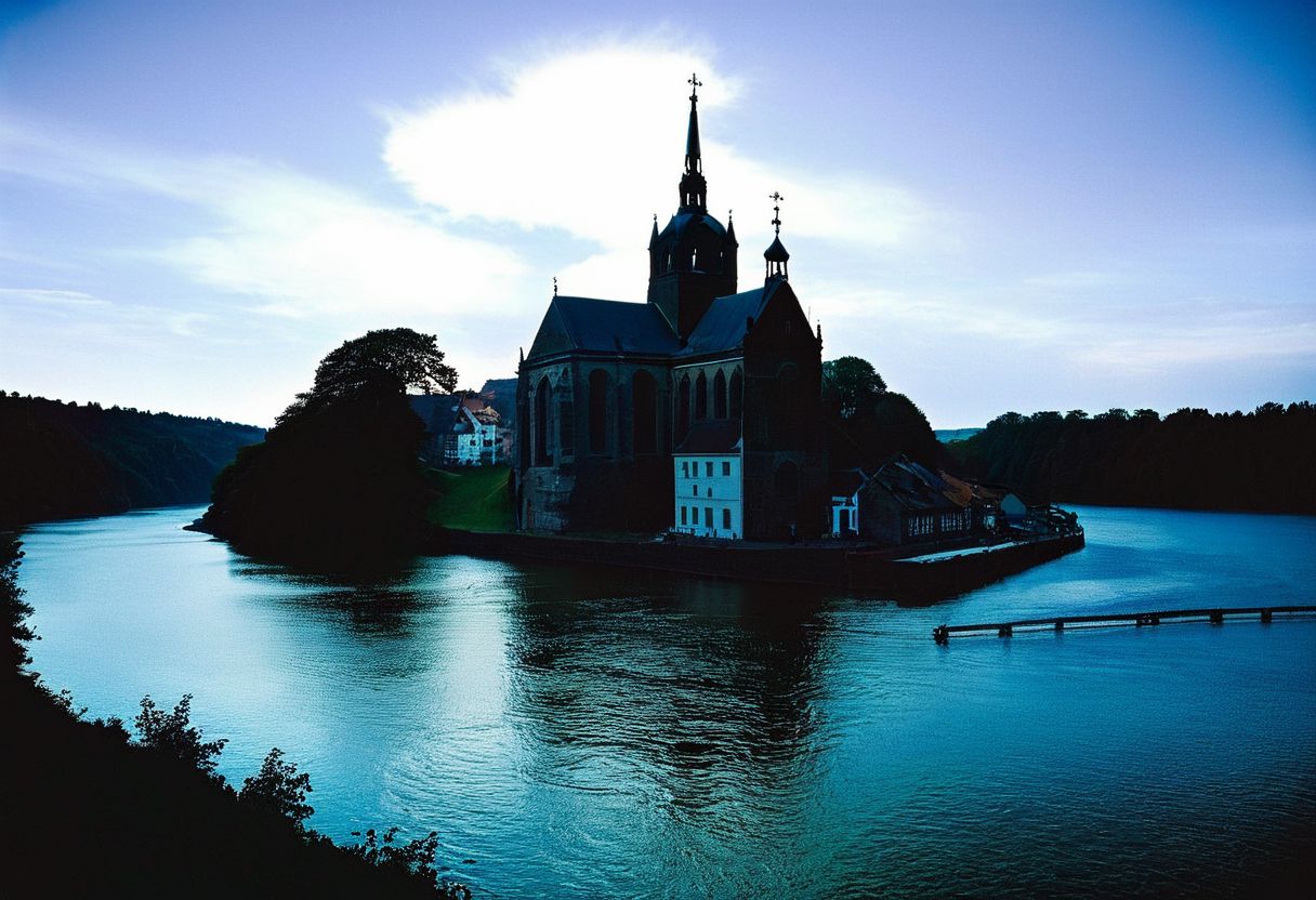soaked_seasalt, Erstelle ein düsteres Bild einer verlassenen, nebelverhangenen Küstenstadt bei Nacht. Die Stadt hat eine verfallene, viktorianische Architektur mit baufälligen Häusern und zerbrochenen Fenstern. Im Vordergrund befindet sich ein unheimlicher Hafen mit verrotteten Holzstegen und moosbewachsenen Booten. Das Wasser ist schwarz und unruhig, mit seltsamen, phosphoreszierenden Lichtblitzen unter der Oberfläche. Im Hintergrund erhebt sich ein gigantischer, uralter Tempel mit unheimlichen, fremdartigen Symbolen an den Wänden. ﷿ber der Szene hängen bedrohliche, tiefhängende Wolken und Blitze zucken am Himmel. Die Atmosphäre ist von einer unheimlichen, erdrückenden Stille durchdrungen, als ob etwas Uraltes und Böses erwachen würde.