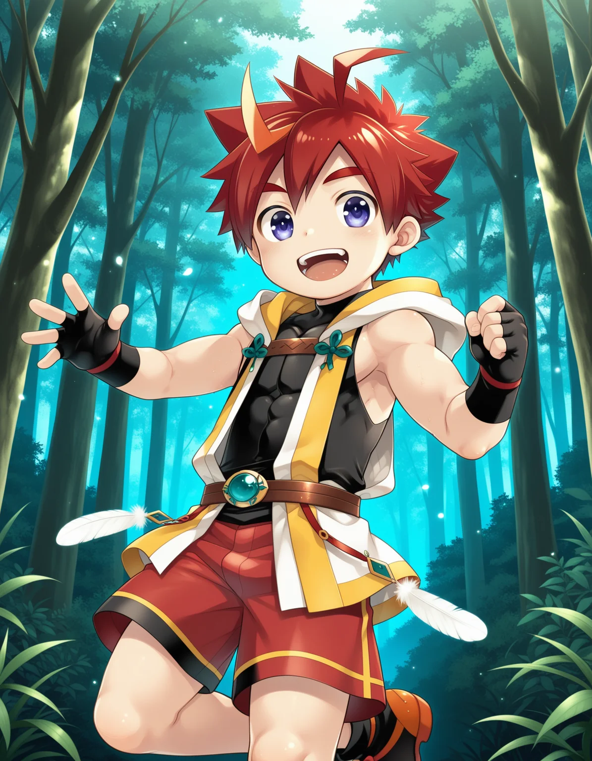 masterpiece,best quality,amazing quality
BREAK
izumi,solo,1boy,  smile, open mouth, gloves,blue purple eyes, ahoge, male focus, multicolored hair, red hair,  shorts, shoes, sleeveless, black gloves, hood, fingerless gloves,, feathers,  red shorts,forest
BREAK
<lora:izumi_ill_hassaku_896_1152_v1:1>