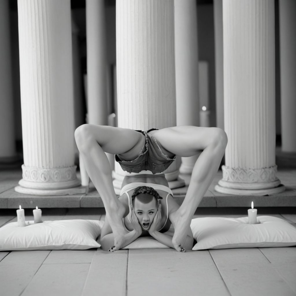 denim shorts, hand on own chin, exhibitionism, pillow, animal ears, wide spread legs, monochrome, muscular, braid, Asian, toenail polish, short shorts, open mouth, handstand, candle, no panties, pillar, earrings, split, brown eyes, buzz cut