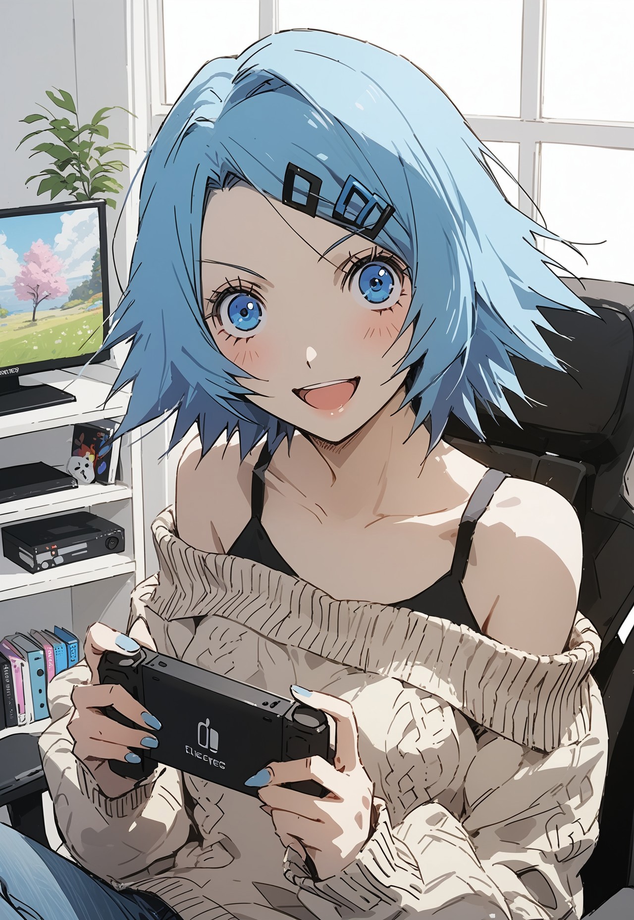 safe_pos, safe_pos, score_9, score_8_up, score_7_up, score_6_up, masterpiece, best quality,uncensored , source_anime , medium breasts , perfecteyes, 
Room, Windows, RinneAmagane,
open mouth, looking at viewer, blue eyes, upper body, blue hair, hair ornament, black pupil,
sweater, cotton sweater, jeans,  bare shoulders, seductive look,
indoors, sitting on gaming chair, holding handheld game console, handheld game console, mischievious smile,