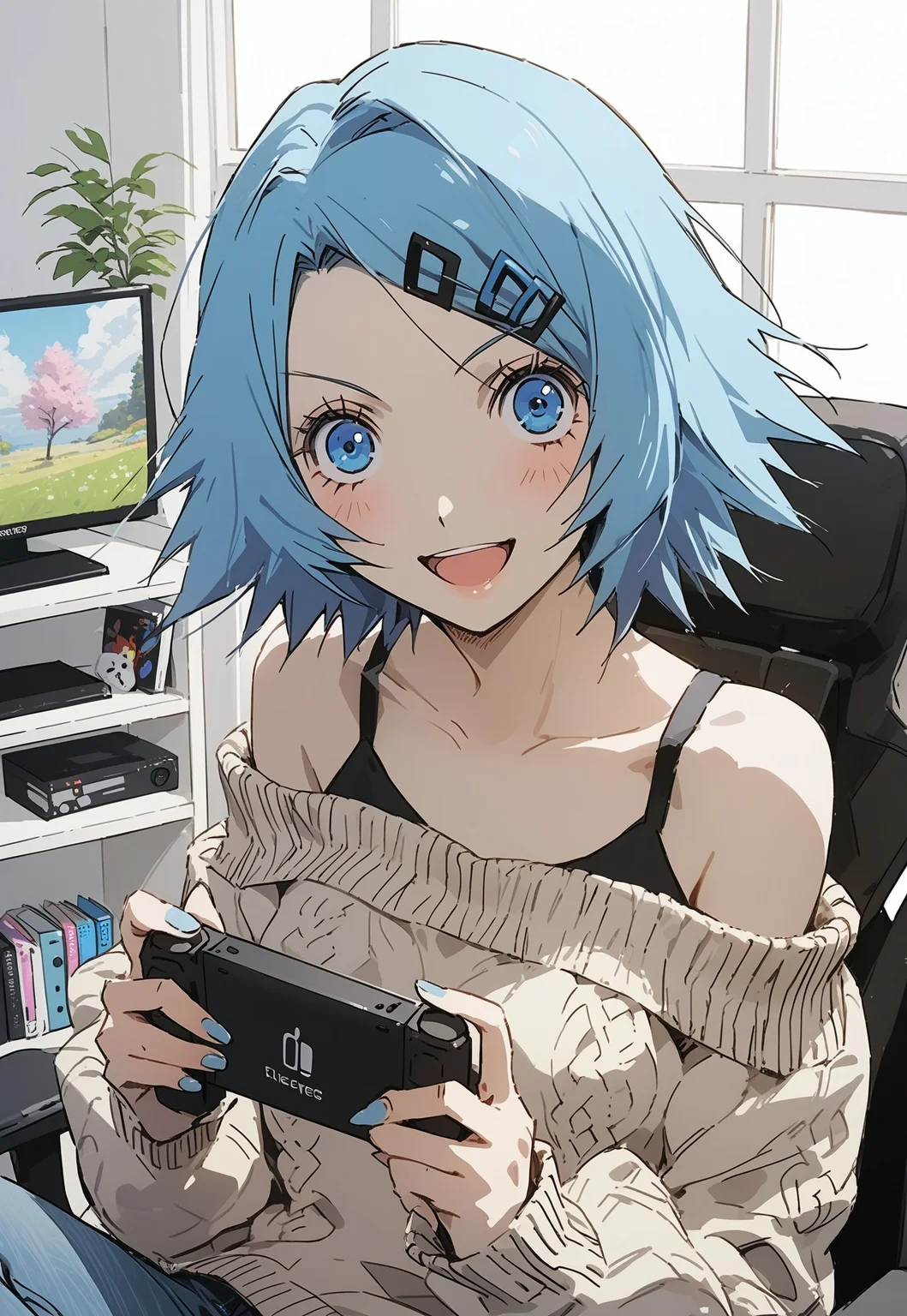 safe_pos, safe_pos, score_9, score_8_up, score_7_up, score_6_up, masterpiece, best quality,uncensored , source_anime , medium breasts , perfecteyes, 
Room, Windows, RinneAmagane,
open mouth, looking at viewer, blue eyes, upper body, blue hair, hair ornament, black pupil,
sweater, cotton sweater, jeans,  bare shoulders, seductive look,
indoors, sitting on gaming chair, holding handheld game console, handheld game console, mischievious smile,