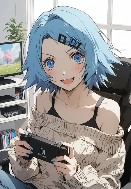 safe_pos, safe_pos, score_9, score_8_up, score_7_up, score_6_up, masterpiece, best quality,uncensored , source_anime , medium breasts , perfecteyes,
Room, Windows, RinneAmagane,
open mouth, looking at viewer, blue eyes, upper body, blue hair, hair ornament, black pupil,
sweater, cotton sweater, jeans, bare shoulders, seductive look,
indoors, sitting on gaming chair, holding handheld game console, handheld game console, mischievious smile,