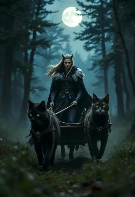 Scene description: Freya stands on a chariot pulled by two cats, crossing a dark forest. The surrounding trees look particularly strange in the moonlight. The chariot rolls over the grass, and her eyes are fixed firmly on the front. The small animals in the forest hide quietly.
Atmosphere: mysterious, majestic, and dynamic.
Costumes and props: dark combat clothing, feather cloak fluttering in the wind, two cats in front of the chariot, and a quiet moonlit forest in the background.
Shooting details: Through motion blur and backlighting, the speed of the chariot and Freya's firm posture are captured.