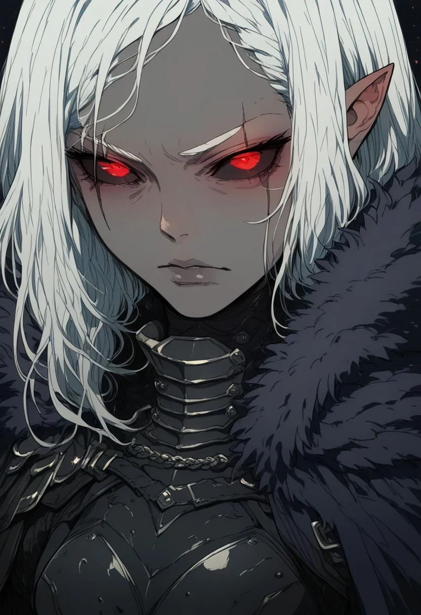 (score_9, score_8_up, score_7_up), source_anime, anime, female, elf, gray skin tone, white hair, red eyes, black sclera, refined, adult, straight, styled hair, calm expression, eye scar, armor, fur cape, waist-high