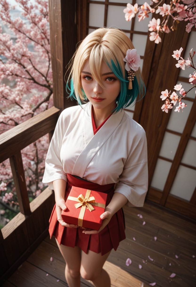 score_9_up, score_8_up, score_7_up, score_6_up, 1girl, 25 years old, perfect face, (adult:1.3), sexy, 
multicolored hair, blonde hair, teal hair, hair ornament, (hair flower), hair between eyes, short hair, 
miko, japanese clothes, 
cherry blossoms,
from above, standing, holding gift, gift box, foreshortening, skirt, knees together feet apart, 
day, looking at viewer,