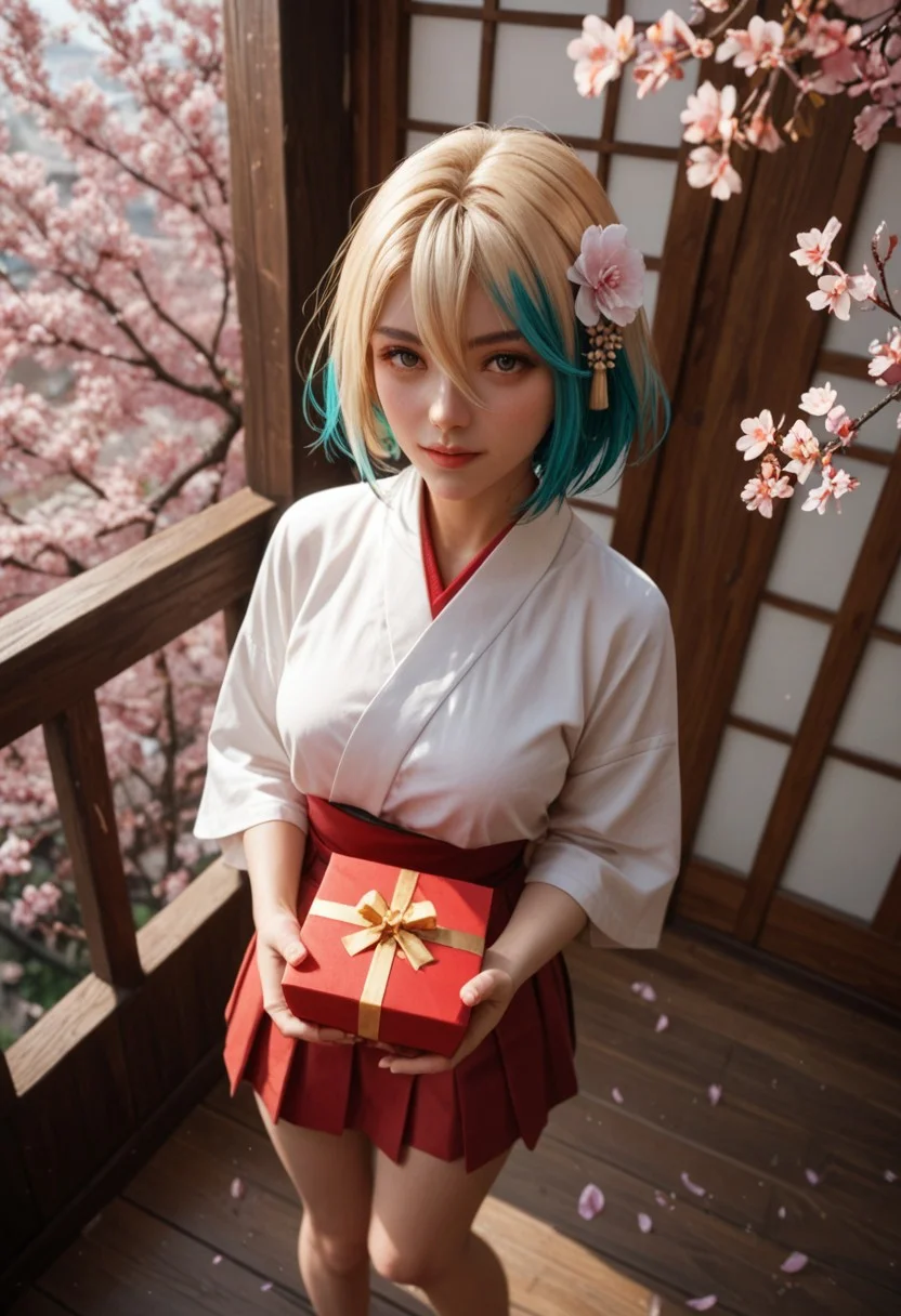 score_9_up, score_8_up, score_7_up, score_6_up, 1girl, 25 years old, perfect face, (adult:1.3), sexy,
multicolored hair, blonde hair, teal hair, hair ornament, (hair flower), hair between eyes, short hair,
miko, japanese clothes,
cherry blossoms,
from above, standing, holding gift, gift box, foreshortening, skirt, knees together feet apart,
day, looking at viewer,