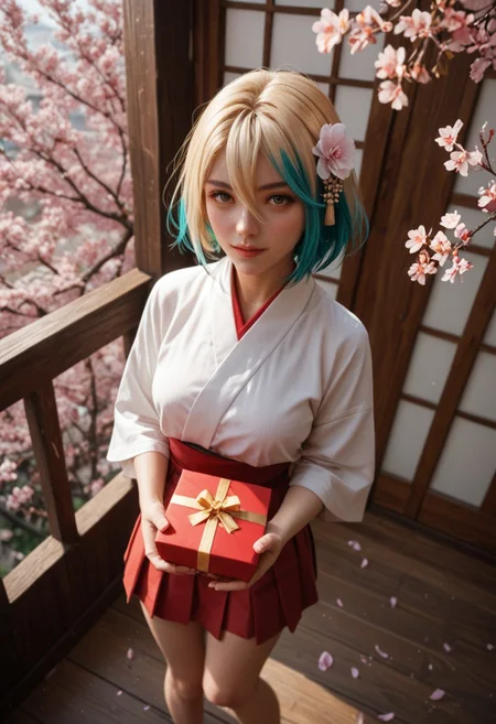 score_9_up, score_8_up, score_7_up, score_6_up, 1girl, 25 years old, perfect face, (adult:1.3), sexy,
multicolored hair, blonde hair, teal hair, hair ornament, (hair flower), hair between eyes, short hair,
miko, japanese clothes,
cherry blossoms,
from above, standing, holding gift, gift box, foreshortening, skirt, knees together feet apart,
day, looking at viewer,