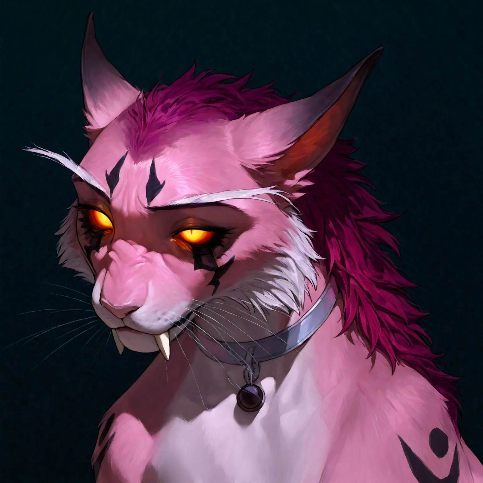 <lora:WoW_NEDruidCat_a1_1_NoobXL-eps>masterpiece,semi-realistic forms of felines,best quality,amazing quality,high quality,very aesthetic,absurdres,newest,shaded,digital media \artwork\,depth of field,wownedrucat,solo,feral,detailed feral,saladblank eyes,transparent sclera,glowing eyes,full size portrait,dark green eye markings,shoulder markings, a little opened mouth,sabertooth,side view,pose,pink fur, rose hair,sad face,sitting,sad eyes, ears pressed back in fear, head looking to the left side, deep thinking, long realistic ears, ultra detailed realistic feline face, elegant white whiskers, silver collar without pendants, fluffy hair that lays only on the back and forehead,black gradient ears, light peach color nose, nude natural soft color composition, background is soft and perfectly contrasts with the main object of the picture