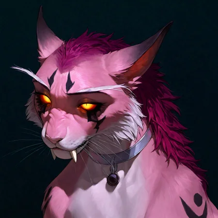 <lora:WoW_NEDruidCat_a1_1_NoobXL-eps>masterpiece,semi-realistic forms of felines,best quality,amazing quality,high quality,very aesthetic,absurdres,newest,shaded,digital media \artwork\,depth of field,wownedrucat,solo,feral,detailed feral,saladblank eyes,transparent sclera,glowing eyes,full size portrait,dark green eye markings,shoulder markings, a little opened mouth,sabertooth,side view,pose,pink fur, rose hair,sad face,sitting,sad eyes, ears pressed back in fear, head looking to the left side, deep thinking, long realistic ears, ultra detailed realistic feline face, elegant white whiskers, silver collar without pendants, fluffy hair that lays only on the back and forehead,black gradient ears, light peach color nose, nude natural soft color composition, background is soft and perfectly contrasts with the main object of the picture