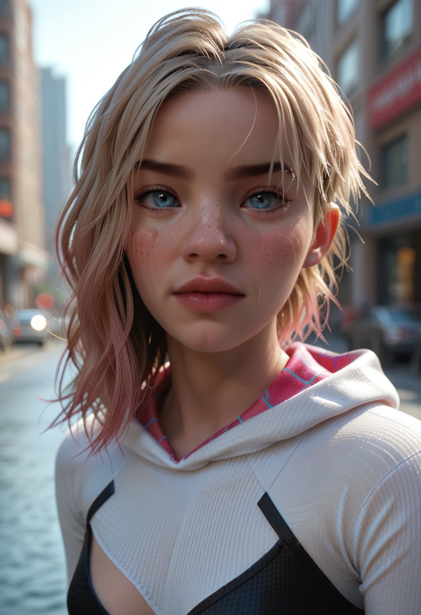 score_9, score_8_up, score_7_up, score_6 Gwen Stacy freckles, swinging through New York,  up close