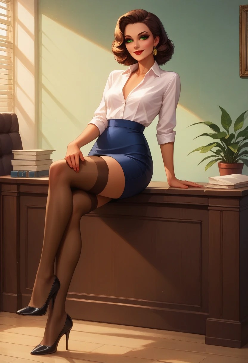 score_9, score_8_up, score_7_up, score_6_up, beautiful face, perfect eyes, p4int3dn0ir art style, 1girl, model, olive skin, green eyes, long brown hair, long legs, hourglass figure, makeup, red lips, white blouse, pencil skirt, thigh high stockings, high heels, sexy face, shy smile, sexy pose, in office