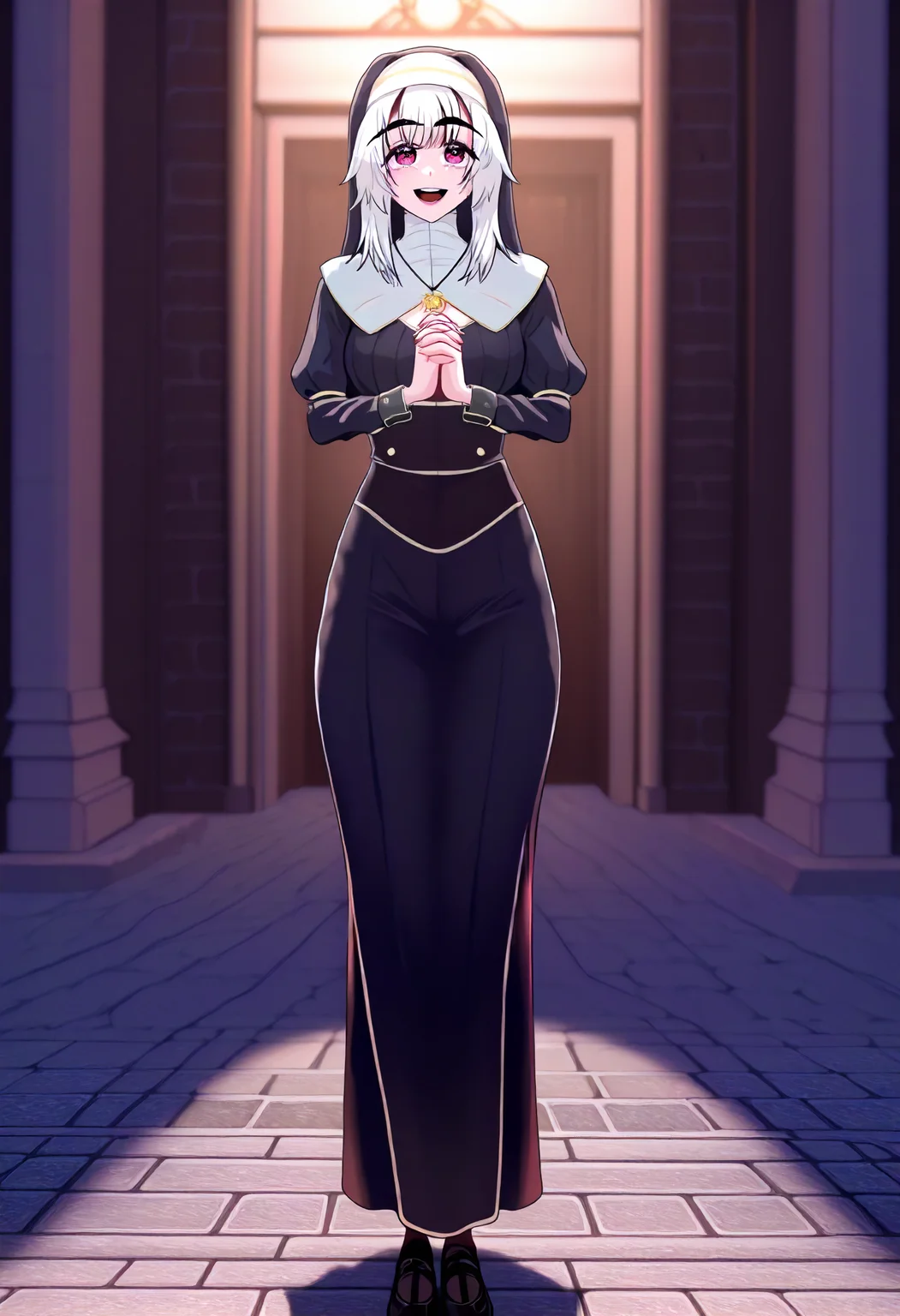 masterpiece, best quality, amazing quality, very aesthetic, absurdres, newest, scenery, volumetric lighting, perfect eyes, ultra detailed,
1girl, Cierry, solo, white hair, pink eyes,
nun attire, pendant, long dress, black shoes,
standing, smile, open mouth, looking at viewer, hands clasped together,
daytime, medieval street, detailed background,
<lora:The_main_character_is_the_villain_-_Manwha_style_LoRA__Illustrious:1.4>
masterpiece, best quality, amazing quality, very aesthetic, absurdres, newest, scenery, volumetric lighting, perfect eyes, ultra detailed,
