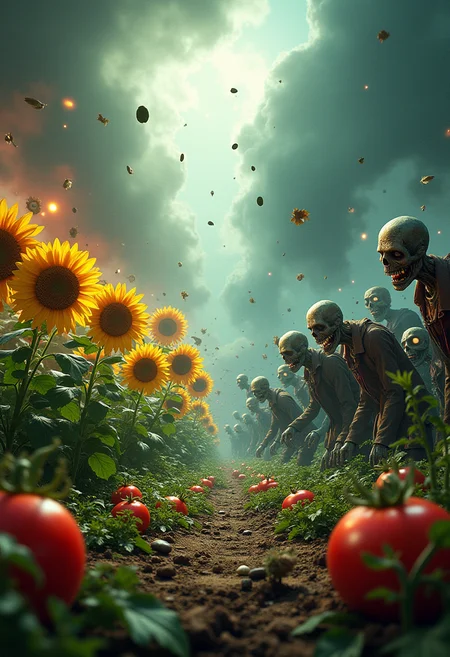flowers and plants shoot seeds at the advancing horde of zombies and monsters, cinematic poster, epic battle of plants and zombies, bright colorful plants (apple trees, sunflowers, roses, chamomile, peas, tomatoes) on the left, gloomy sinister zombies on the right