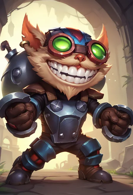 ,score_9, score_8_up, score_7_up, score_6_up,z1ggs, 1boy, male focus, yordle, teeth, grin,armor, goggles, helmet, gloves, brown gloves, <lora:Ziggs_Default_v1:0.9>