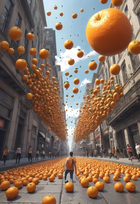 fantasy, horror fantasy, giantic orange fruit flying above city full of afraid people, pov of sidewalk, uhd 8k hyper-realistic intricate detail