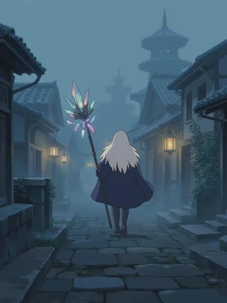 A mysterious figure with long, flowing white hair and a cloak made of feathers is walking through the misty streets of the village. Their face is hidden, and they carry a large staff adorned with glowing crystals. The village is silent, covered in an ethereal fog, with only the faint light of lanterns breaking through the haze. The camera is positioned behind the figure, showing the misty streets stretching out before them.