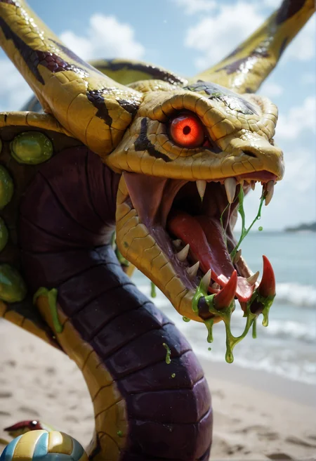 <lora:venomancer_v1:0.8>
venomancer_v1,
pokemon (creature), no humans, monster, duel monster,
dragon, snake,
fangs,spikes, claws, horns, tail,
red eyes, glowing eyes,
teeth, tongue, sharp teeth,
toxic green saliva,
slime (substance)
open mouth, tongue out,, score_9, score_8_up, score_7_up, score_6_up, derpibooru_p_95,
detailed eyes, beautiful, detailed background, perfect eyes,
solo,
beach party, volleyball,pose,sweat, bikini
blur censor, blurry, blurry background, blurry foreground, bokeh, motion blur,
chromatic aberration, depth of field, figure, focused, focus
photography, realistic sun light and shadows, photorealism, UHD --ar 9:16 --style raw --stylize 700,
