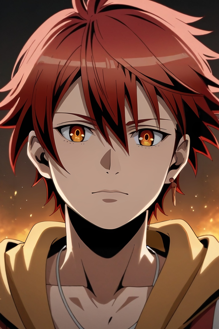 score_9, score_8_up, score_7_up, source_anime, rating_safe, intricate details, (photorealistic:0.6), , , 1boy, solo, male focus, <lora:akane_divine_gate_pony:0.9>, akane_divine_gate, red hair, orange eyes, short hair, hair between eyes, , , , <lora:sdxl_lightning_8step_lora:1>