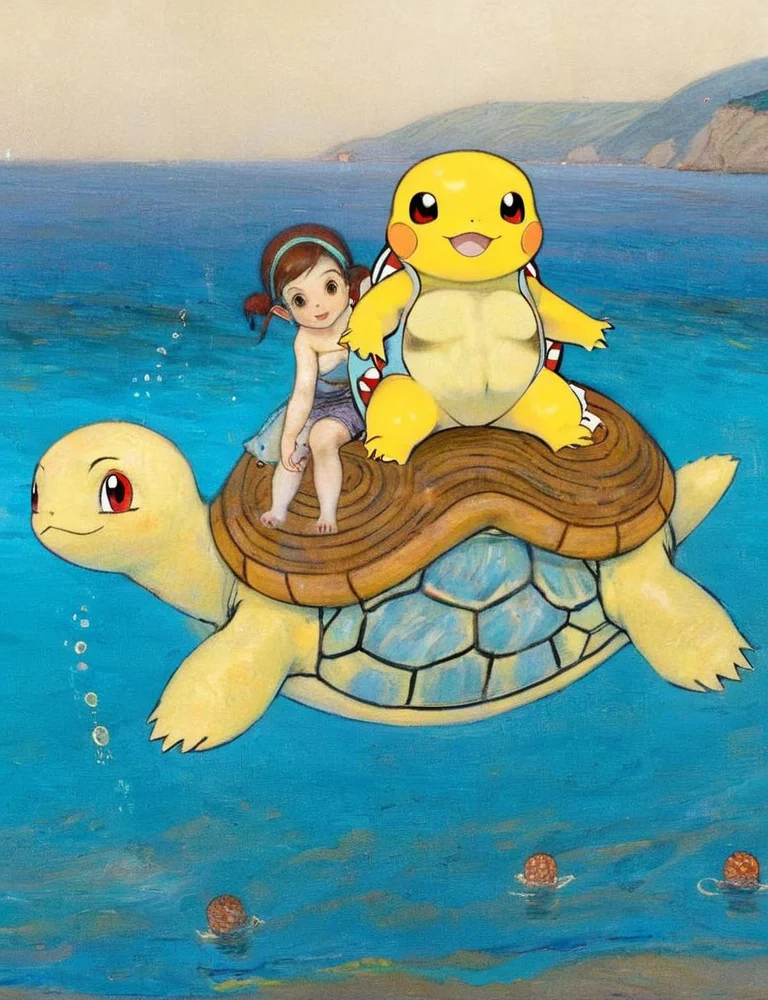 (picachu:1.2) riding a squirtle on the sea, <lora:Gustav_Klimt_XL_kk:1> klimt