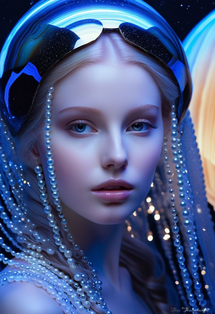 highest esthetic score, photo of a exquisitely beautiful pale skin  european 1girl, 20yo, modern implementation of sci-fi  "botichhelli The Birth of Venus" fantastic epic masterpiece, starlight falls on beautiful young face. Depth of field, insane details:1.4,  ultra detailed, absurdres, 1:280f Zeiss lens, long aperture, abalone shell, fiery opal, platinum, obsidian, dreamlike,