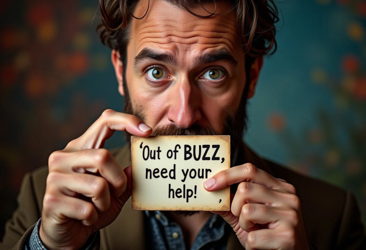 award wining photography, man, (photorealistic:1.8), (ultra realistic:1.7). (instagram influencer photo:1.8). vintage, 45 YO man, OverallDetail, Magical beautiful background fantasy, perfect face and eyes, hyper-detailed hypermaximalist dynamic style. Holding a card with a quote, spell text "Out of BUZZ, need your help!" aidmatextimprover