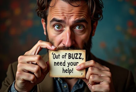 award wining photography, man, (photorealistic:1.8), (ultra realistic:1.7). (instagram influencer photo:1.8). vintage, 45 YO man, OverallDetail, Magical beautiful background fantasy, perfect face and eyes, hyper-detailed hypermaximalist dynamic style. Holding a card with a quote, spell text "Out of BUZZ, need your help!" aidmatextimprover