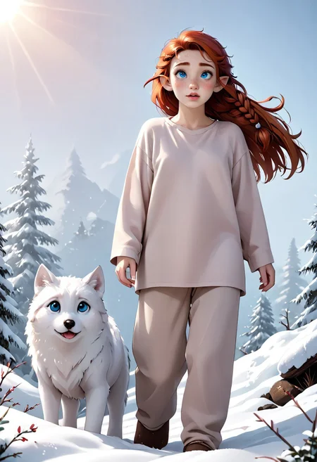 score_9, score_8_up, detailed face, a single red haired elf walking across the snow, walking next to a single white small wolf cub that is frolicking in the snow, one person, oversized clothes, wearing a ragged threadbare linen shirt and rough ragged canvas pants and a crude belt with some pouches hanging off it, snow flakes falling in the day, sunlight, long sleeves, masterpiece, cinematic look, soothing tones, hyperdetailed, 25 years old, trees, outside, long hair, hair down to hips, braided long hair, hair in a single braid, red hair, ginger hair, bright blue eyes, full body, heart shaped face, auburn hair, dirty hair, tangled hair, small nose, full lips, elven ears, pointed ears, pale skin, freckled face, freckles,