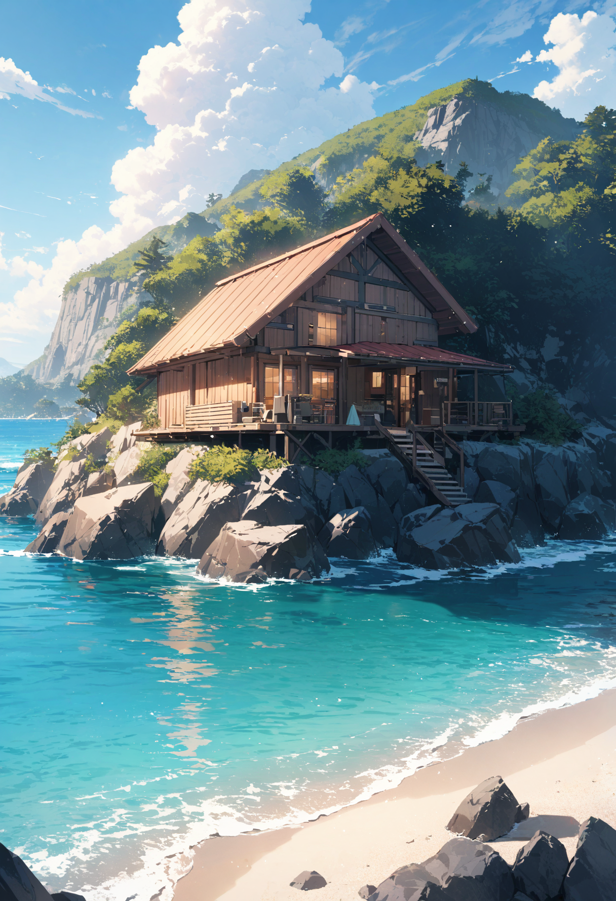 a bay, surrounded by high rock cliff, wooden cabin on the beach, tatched roof, paradisiacal, calm sea, detailed landscape, sunny, blue sky, clouds, verticality, masterpiece, best quality, very aesthetic, absurdres,<lora:add-detail-xl:1>, <lora:MJ52:0.25>