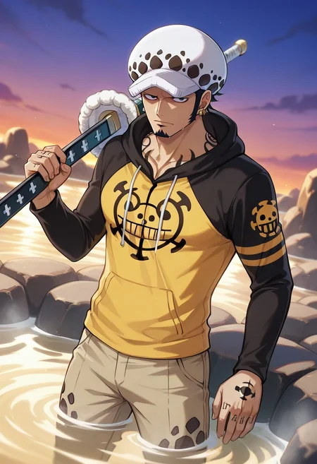 masterpiece, best quality, intricate details, (3d:0.4), looking at viewer, 1boy, solo, male focus, <lora:law_trafalgar_ilxl:0.92>, law_trafalgar, black hair, black eyes, short hair, facial hair, sideburns, long sideburns, goatee, chest tattoo, hat, , wano country arc, weapon, sword, sheathed, holding weapon, volcanic springs, steam pools, mineral deposits, rock paths, bathing pose, relaxed expression, evening, Khaki pants, Mock neck pullover, Espadrilles, ,