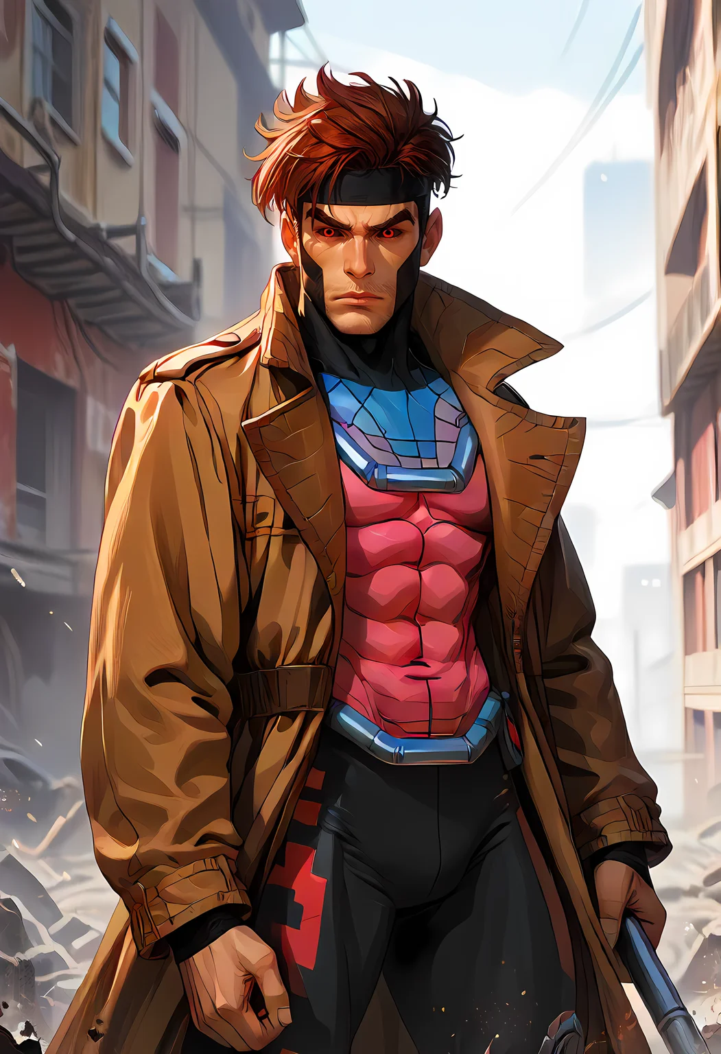 score_9, score_8_up, score_7_up, score_6_up, score_5_up, score_4_up,
city, full body view, ready for fight, warzone, dangerous place, destroyed city
<lora:Gambit_X-men_97__Comics_PDXL:1> Gambit, Dsk_Remy_Lebeau, 1boy, auburn hair, black sclera, bodysuit, closed mouth, coat, colored sclera, facial hair, stubble, headband, muscular, open clothes, open coat, (red eyes), thick eyebrows, trench coat, upper body
<lora:incase-ilff-v3-4:0.8>
